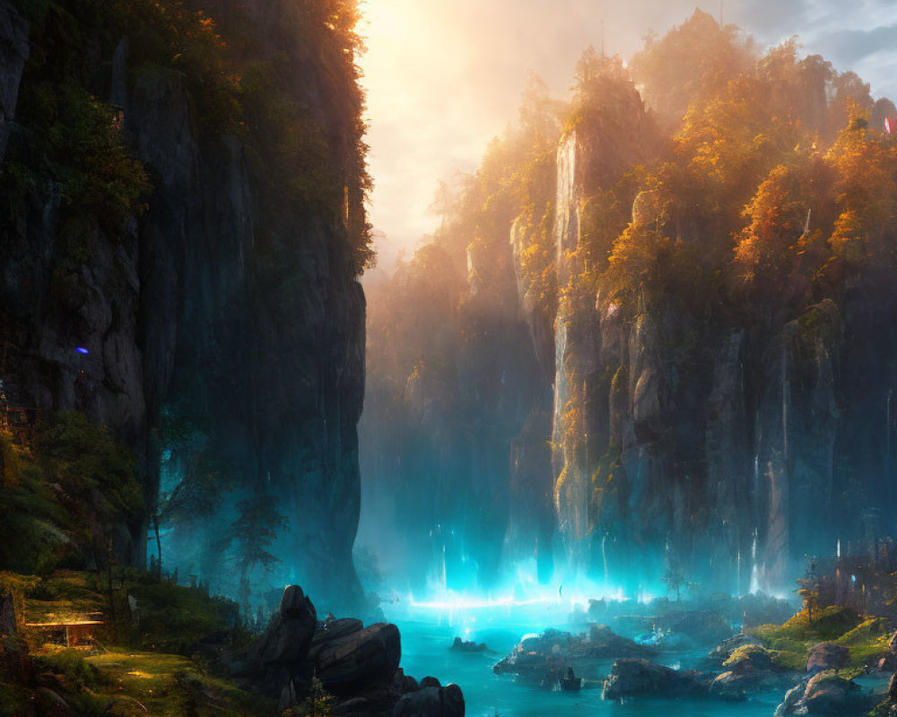 Majestic waterfalls and ethereal blue light in lush sunrise landscape