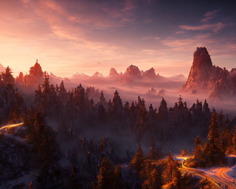 Misty Dawn Landscape with Forested Mountains & Rock Formations