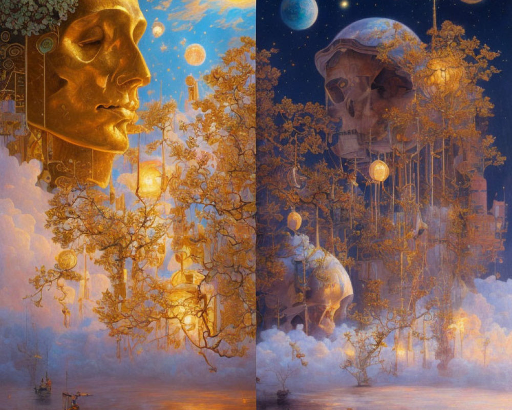 Split fantasy artwork: Giant celestial faces, glowing lanterns, misty water, boats, cosmic trees