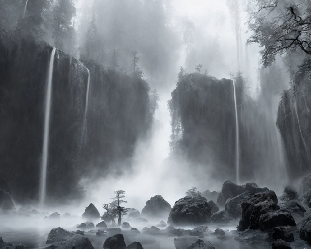 Nature scene: misty waterfall, cascading into rock-strewn pool with lone tree in fog