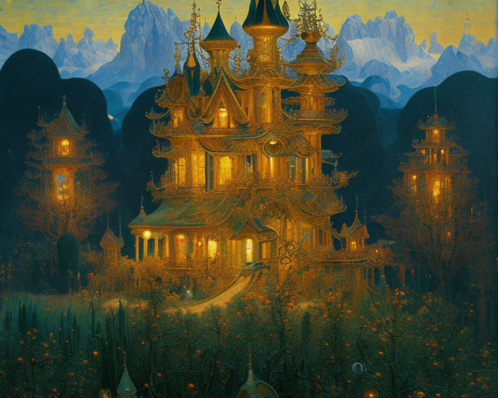 Golden pagoda in mystical forest with mountains and starry sky