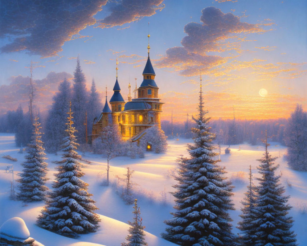 Snow-covered pine trees and warm-lit church in serene winter dusk