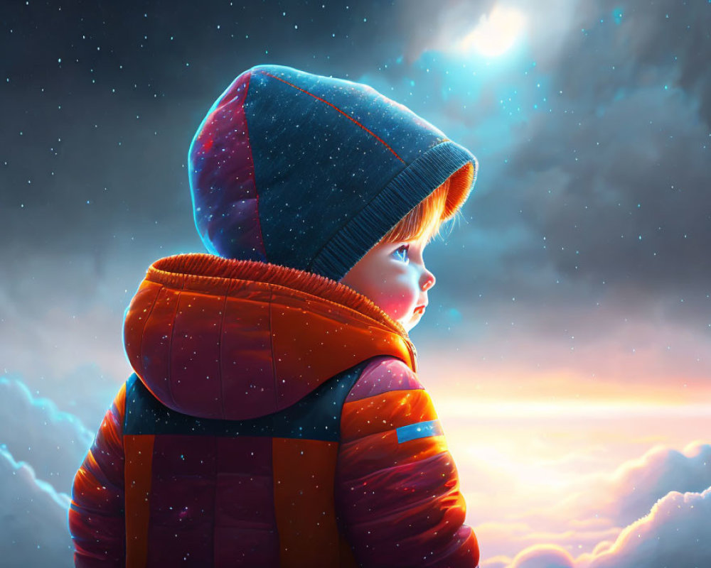 Child in starry hood gazes at illuminated starlit sky