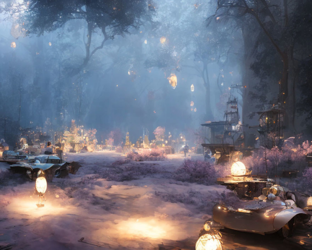 Vintage cars and lanterns in enchanted forest glade with purple haze and floating lights.