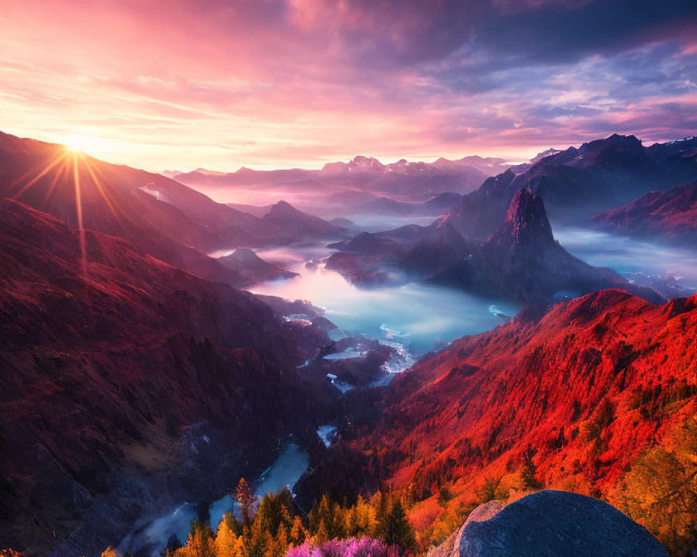 Vibrant sunset over mountain landscape with river, autumn trees, and peeking rays