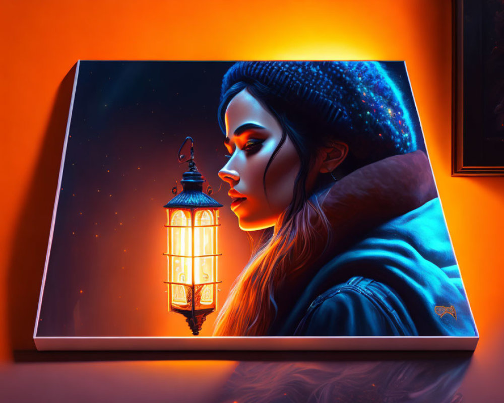 Digital artwork: Woman with lantern against warm, cool backdrop