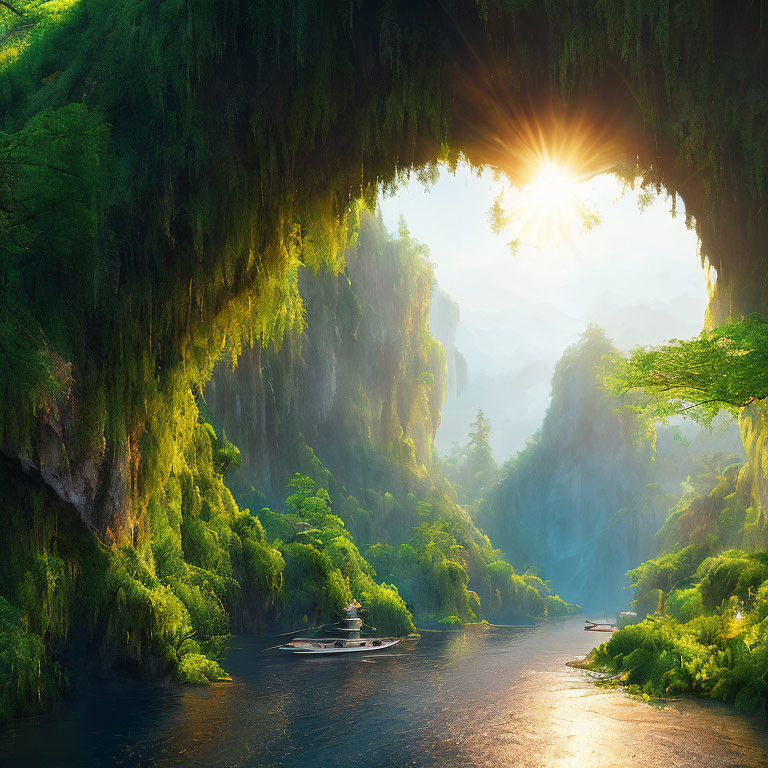 Serene river cave at sunrise with boat and lush greenery