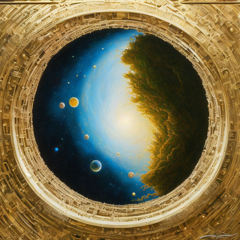 Golden circular frame with cosmic view of planets, stars, nebula, and forest edge