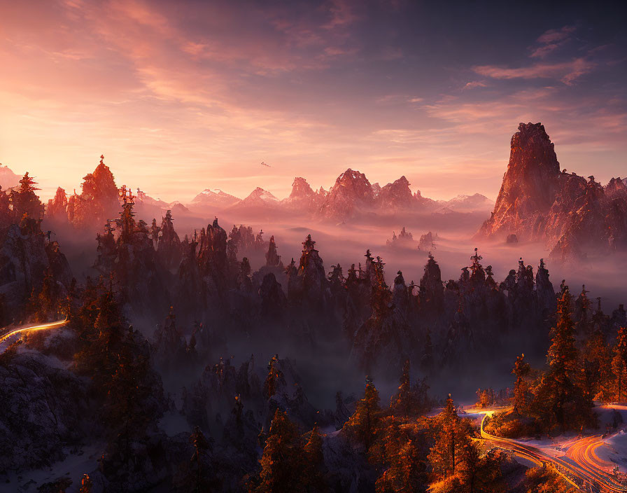 Misty Dawn Landscape with Forested Mountains & Rock Formations