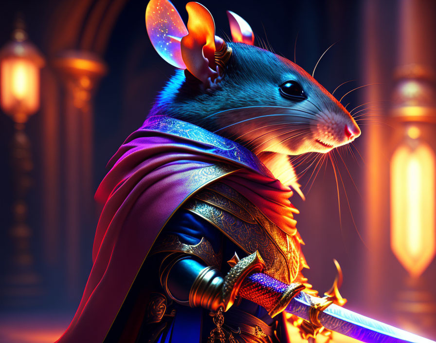 Regal armored rat knight in glowing gothic corridor