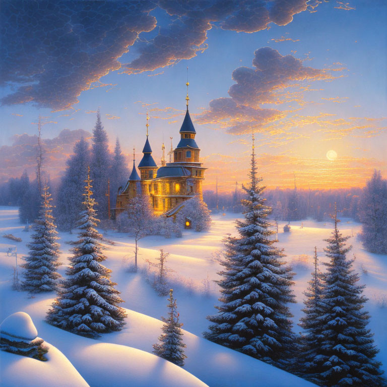 Snow-covered pine trees and warm-lit church in serene winter dusk