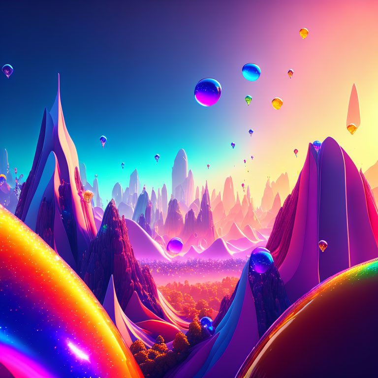 Colorful Fantasy Landscape with Smooth Mountains and Floating Bubbles