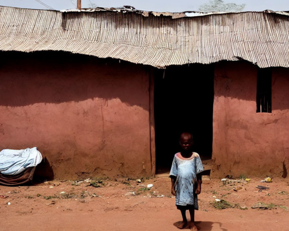 Child standing in front of red mud house with thatched roof in rural setting