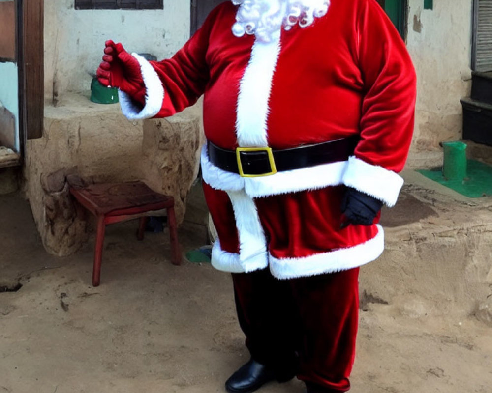 Santa Claus costume person with bell, stool, and building outdoors