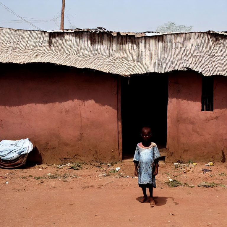 Child standing in front of red mud house with thatched roof in rural setting