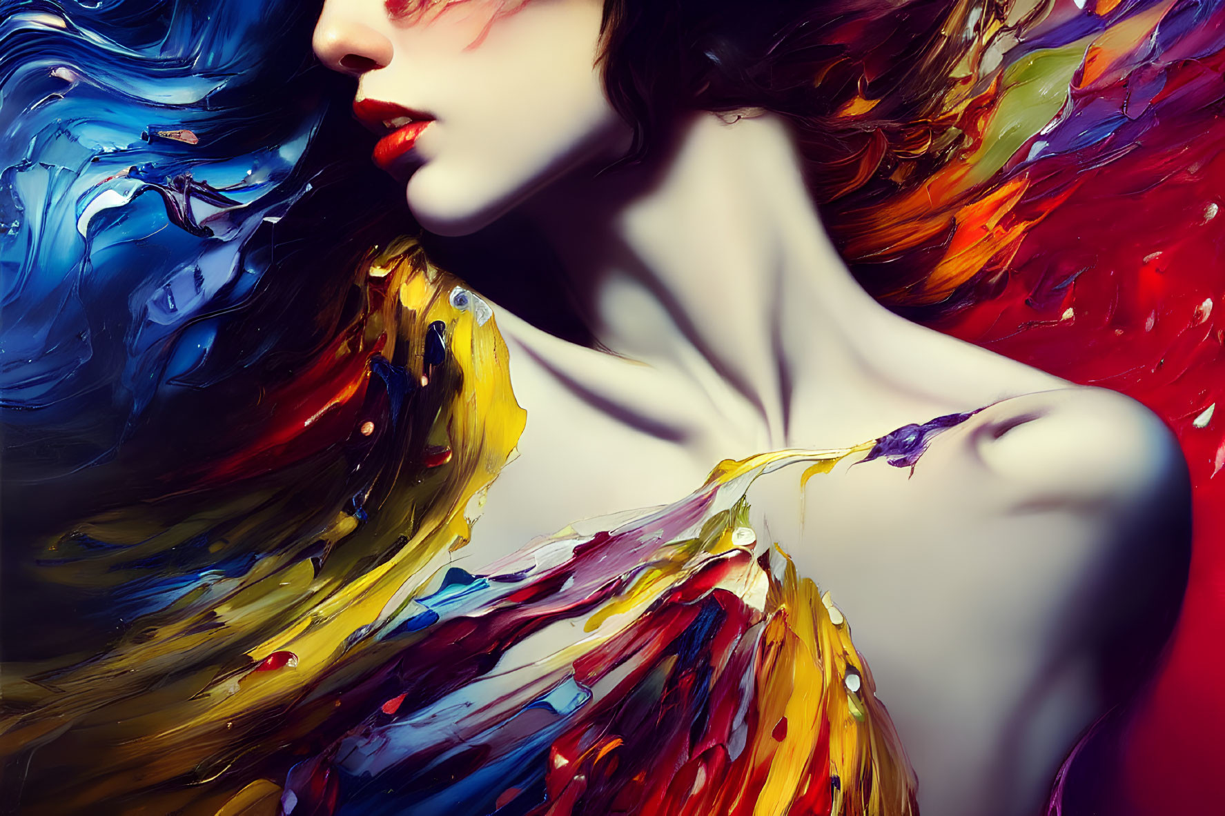 Colorful digital artwork: Woman with flowing brushstroke hair and dress