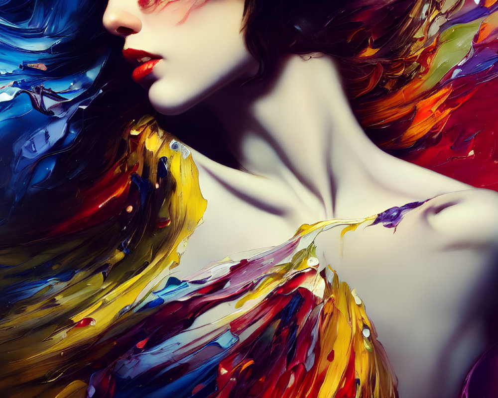 Colorful digital artwork: Woman with flowing brushstroke hair and dress