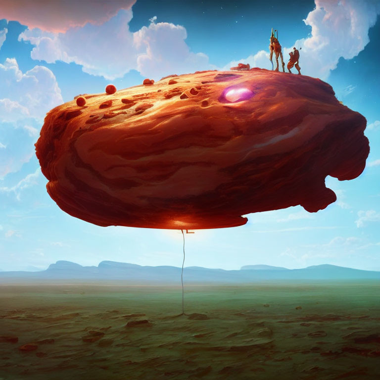 Surreal artwork: Two people on giant floating hamburger rock in vast sky