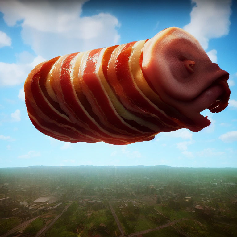 Surreal image: pig merged with bacon slices in sky above urban landscape