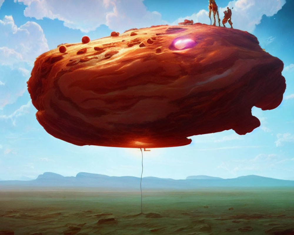 Surreal artwork: Two people on giant floating hamburger rock in vast sky