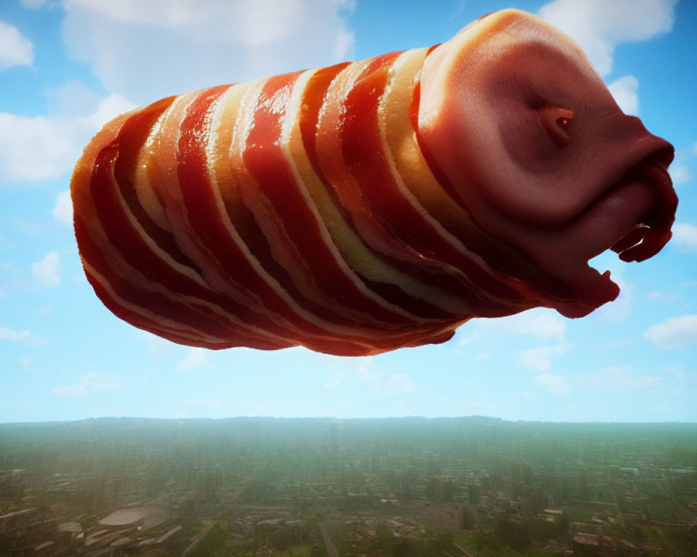 Surreal image: pig merged with bacon slices in sky above urban landscape