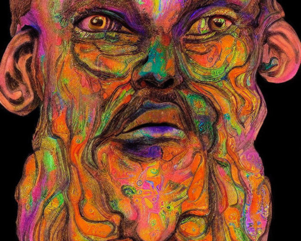 Colorful portrait of a bearded man with psychedelic patterns on black background