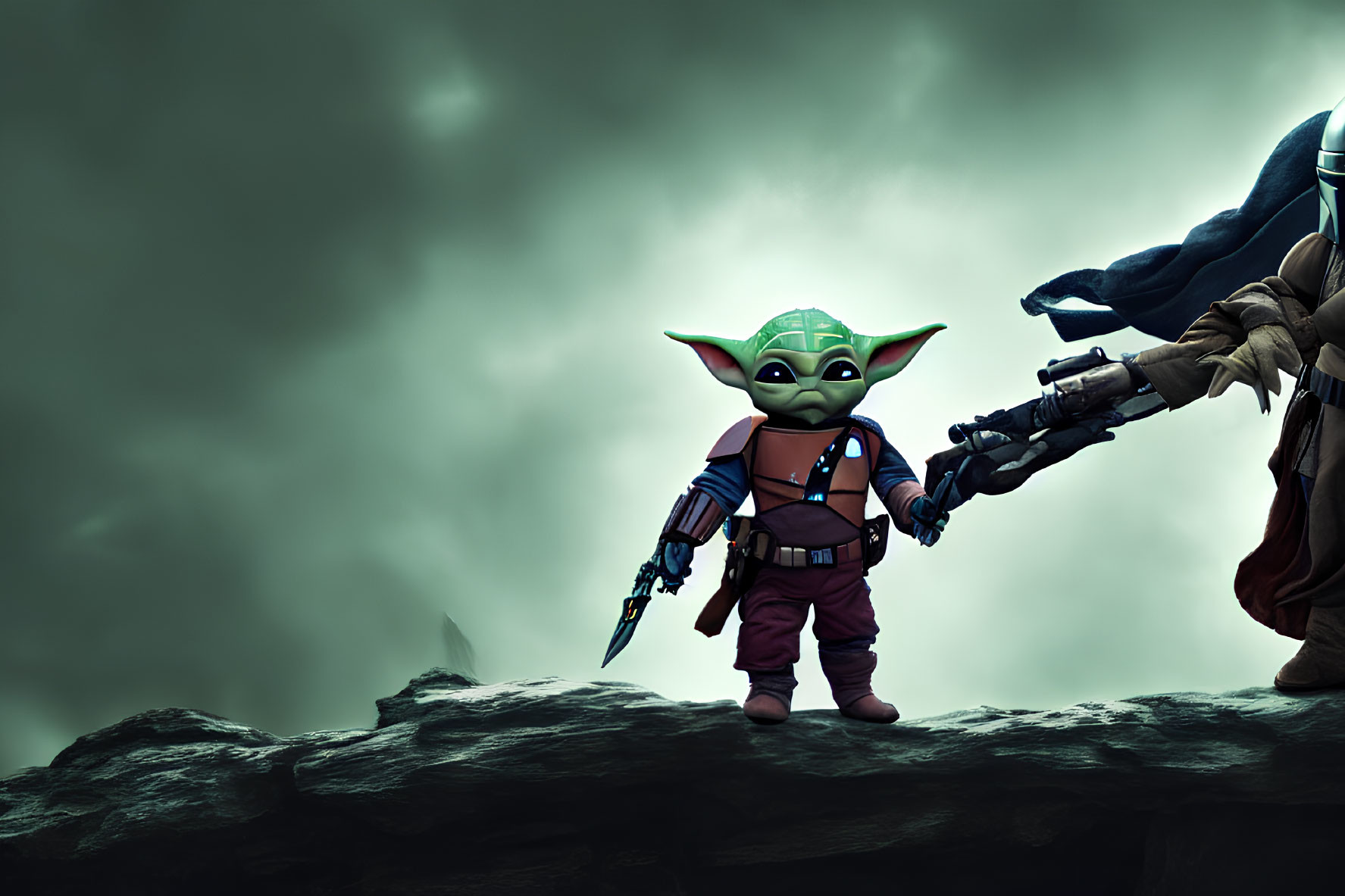 Green-skinned character in brown outfit with blaster arm companion on rocky ledge.