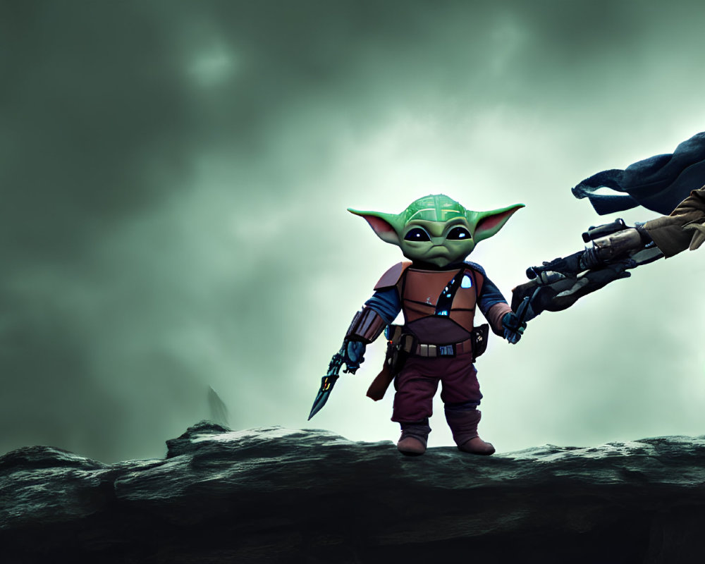 Green-skinned character in brown outfit with blaster arm companion on rocky ledge.