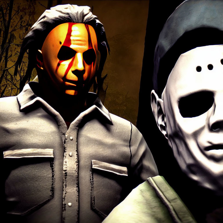 Menacing horror masks: Jack-o'-lantern and white-faced killer.