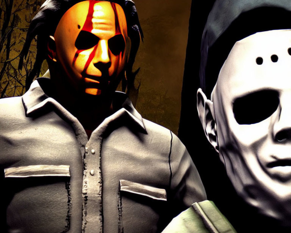 Menacing horror masks: Jack-o'-lantern and white-faced killer.