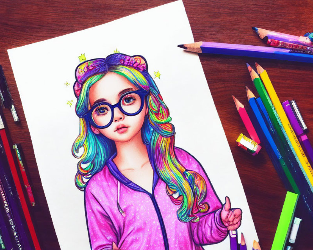 Vibrant Girl with Rainbow Hair and Glasses Surrounded by Art Supplies