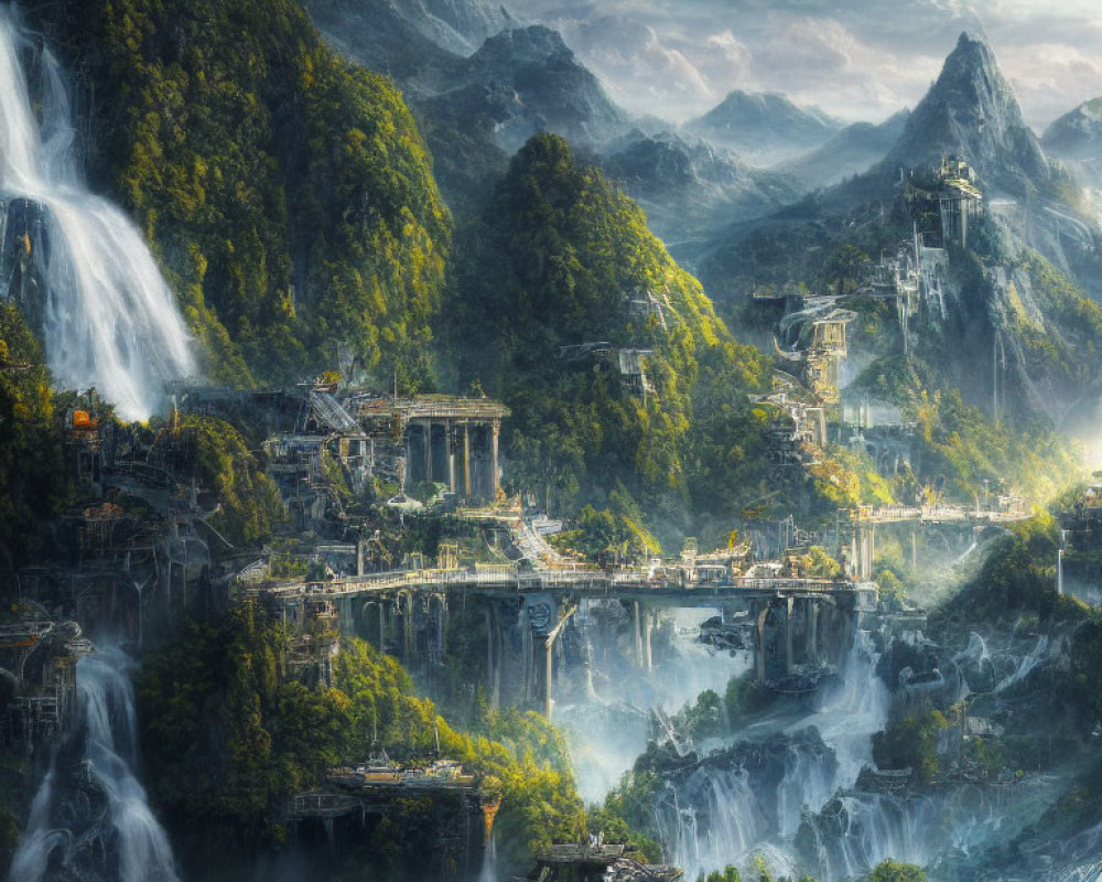 Fantastical landscape with waterfalls, mountains, and ancient structures under sunlight-filtered sky