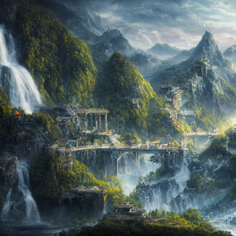Fantastical landscape with waterfalls, mountains, and ancient structures under sunlight-filtered sky