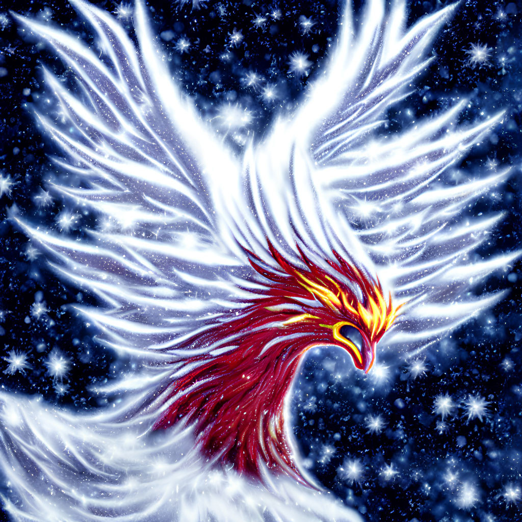 Majestic red and gold phoenix with white wings in starry sky