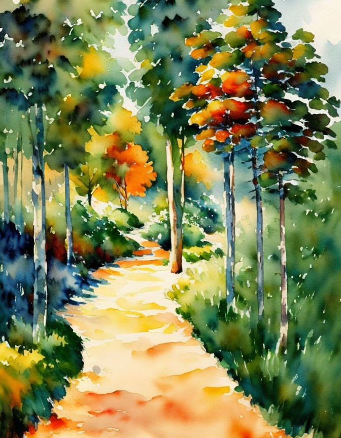 Colorful Watercolor Painting of Autumn Forest Path