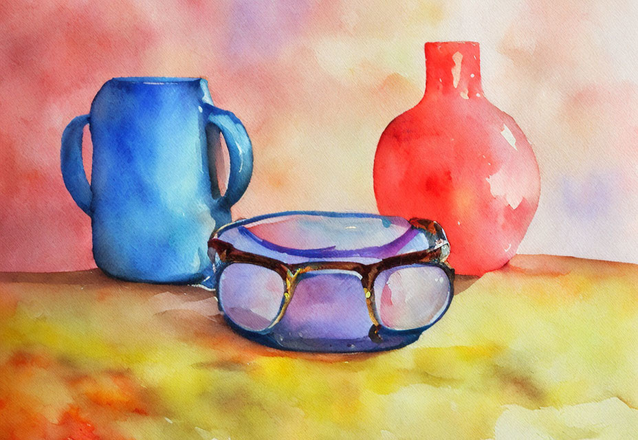 Blue Mug, Red Vase, Glasses on Colorful Abstract Background