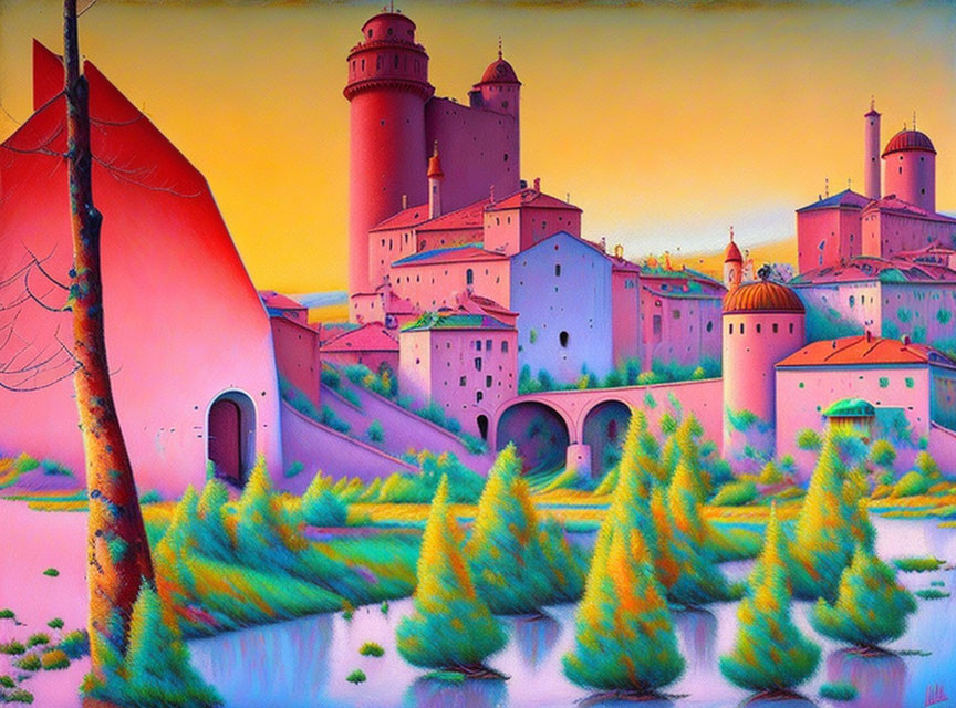 Colorful fantasy artwork: pink and purple castle with towers, moat, trees, pastel sky