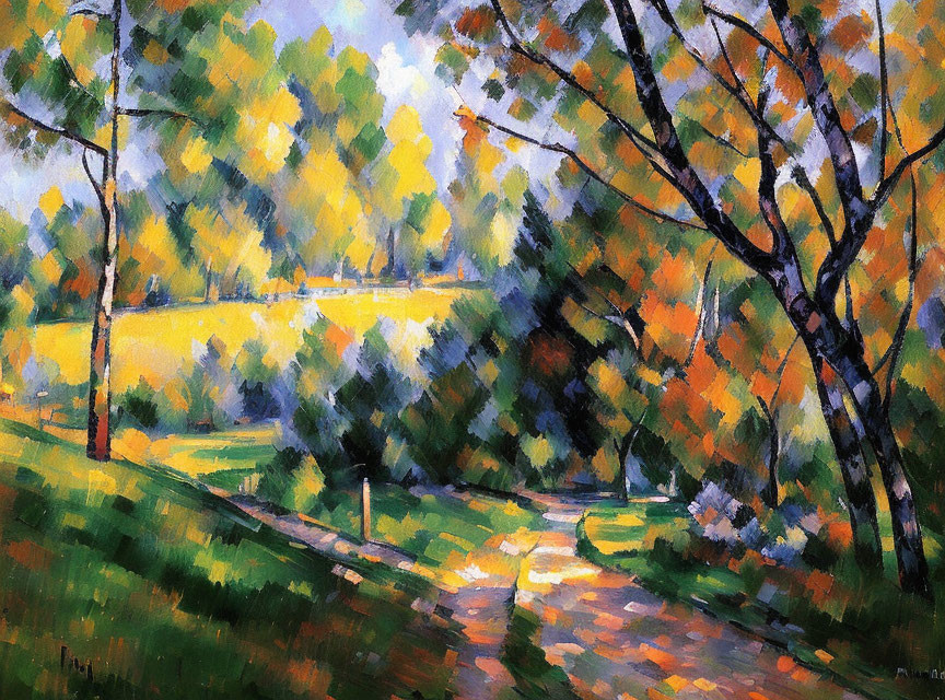 Vibrant impressionist painting of lush park with autumn foliage