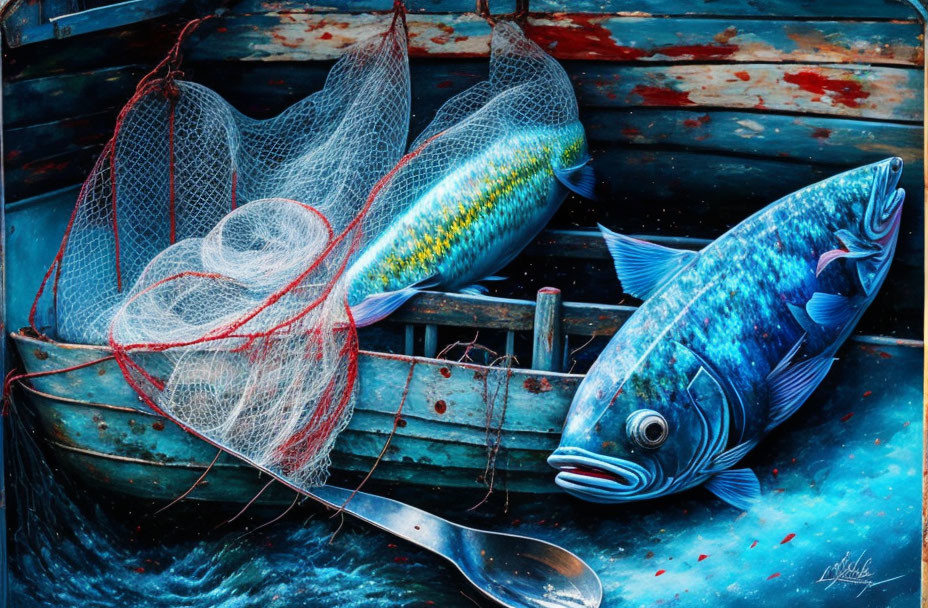 Colorful Painting of Two Fish in Teal and Yellow with Red Net in Blue Boat