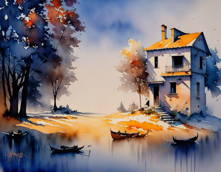 Serene riverside scene with white house, boats, and autumnal trees in vibrant watercolors