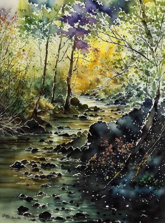 Serene forest scene with stream and vibrant foliage