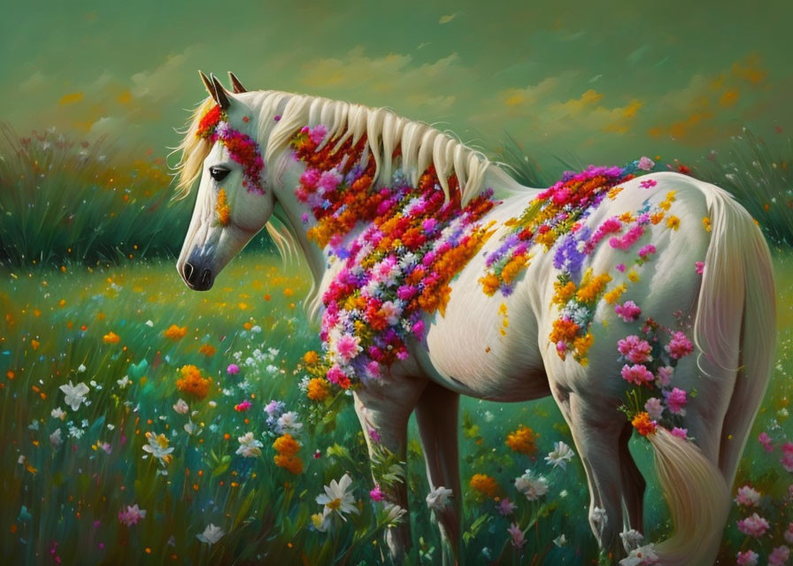 White horse with vibrant flowers in lush meadow - dreamy painted aesthetic