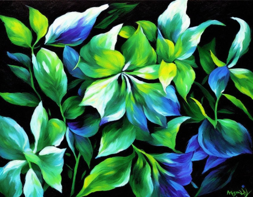 Green and White Floral Painting with Bold Contrasts