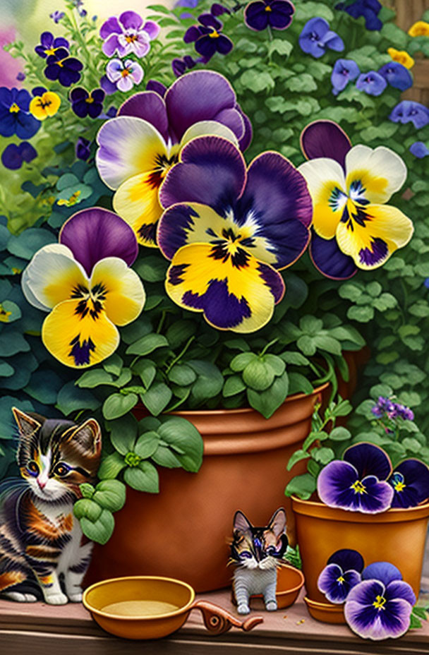 Playful kittens among vibrant pansies in lush garden