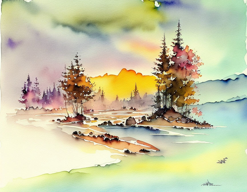 Tranquil landscape watercolor painting with trees, river, mountains, and sunset sky