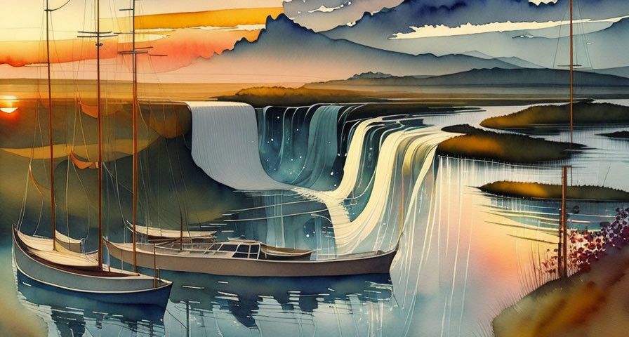 Surreal artwork: sailboats on water merging with vertical waterfall