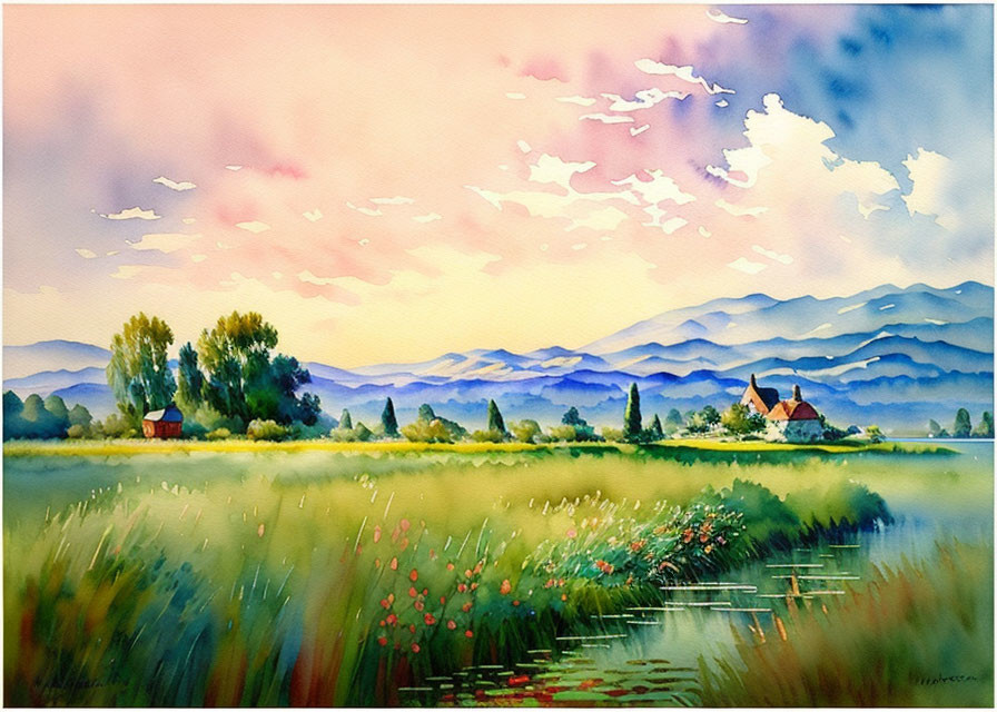 Lush Green Field with Flowers, House, Mountains, and Sunset Sky