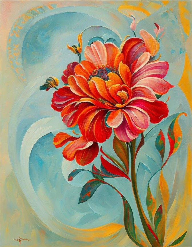 Colorful painting of red and orange flower with bees on whimsical blue background