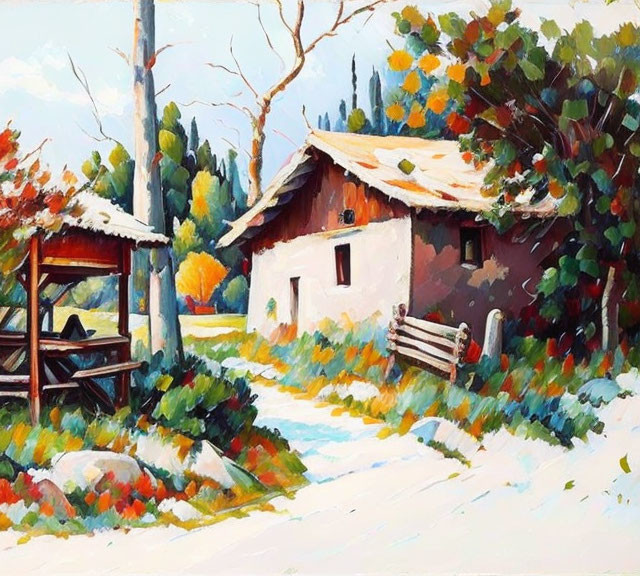 Autumnal trees and snow in painting of quaint house