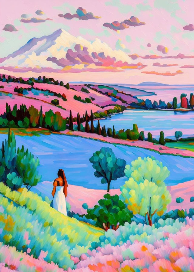 Vibrant painting of woman in serene landscape with hills, river, and mountain